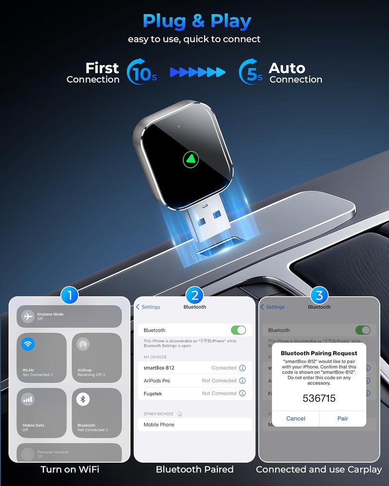 TKHIN محول Mini CarPlay اللاسلكي لجهاز Apple iPhone - يحول محول CarPlay السلكي إلى لاسلكي، عصا CarPlay Dongle لسيارات CarPlay السلكية من Apple و iPhone iOS 10+، USB و Type-C، توصيل وتشغيل - Image 3